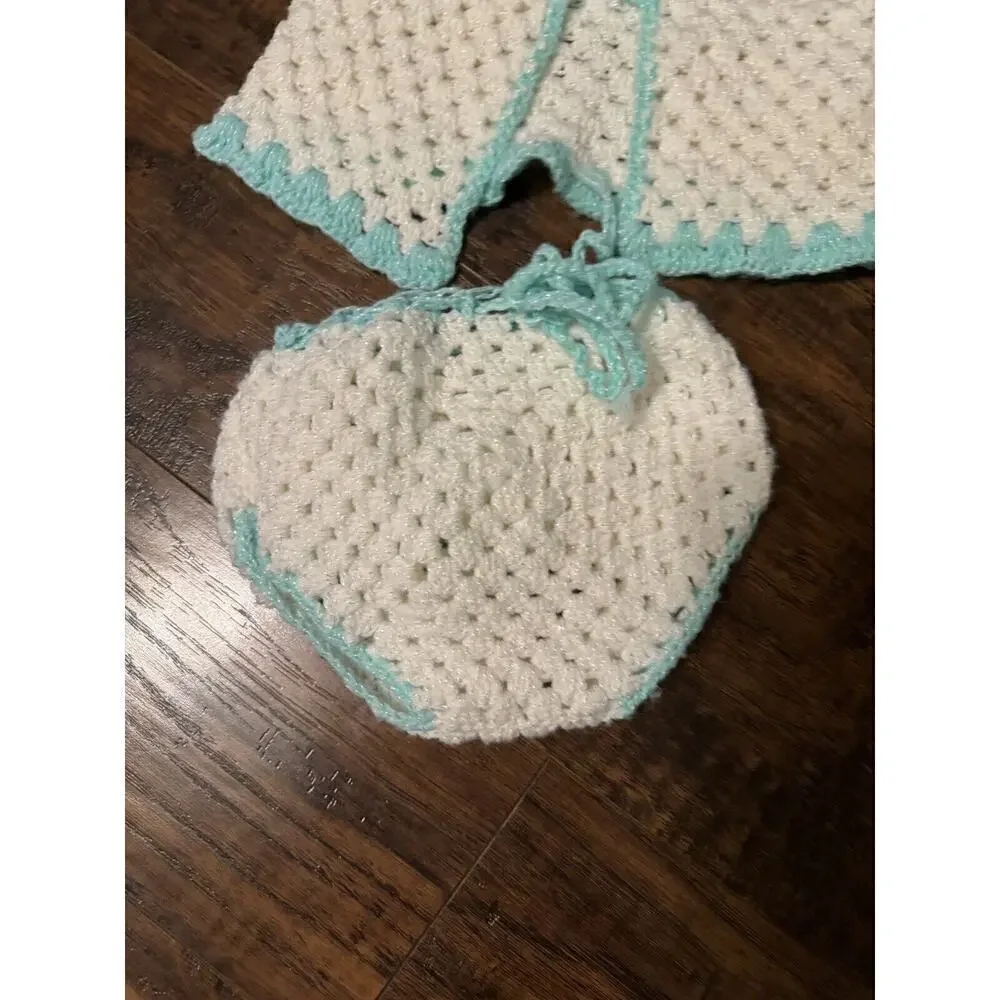 Handmade Crochet White Blue Baby Sweater And Bottoms 0-6 months Vintage